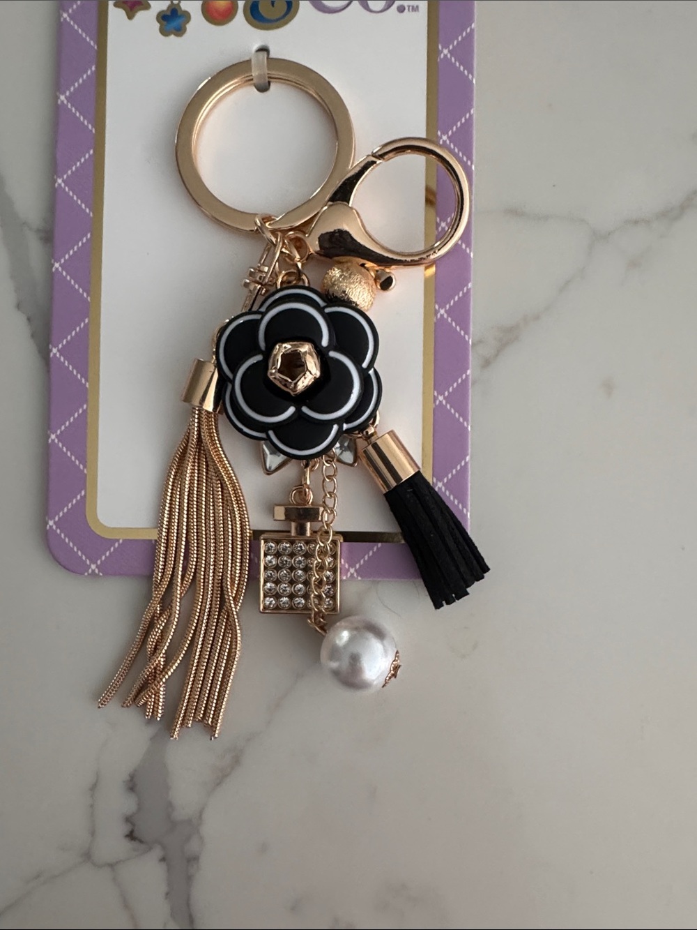 Gold-Tone Black Flower Tassel Keychain with Pearl Charm